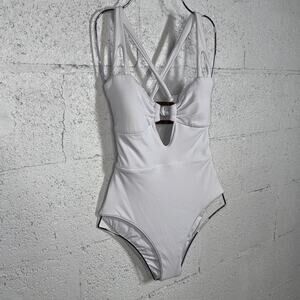 Becca Women's Modern Edge Cutout Ribbed One-Piece Swimsuit white Small $148